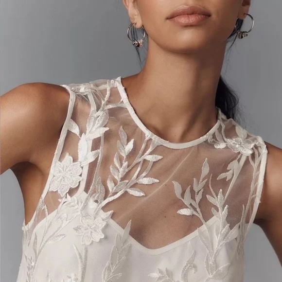 NWT ANTHROPOLOGIE Flat White Sheer Embroidered Mini Dress NWT Size M - Picture 7 of 11